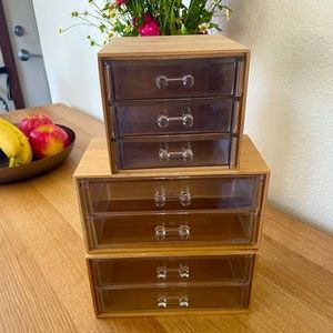 3 wooden jewelry or makeup boxes